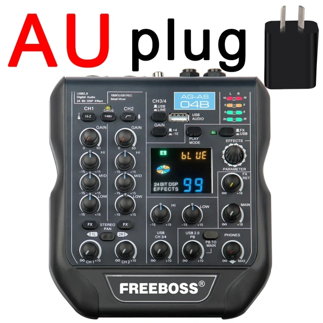 Freeboss 4 Channel Audio Mixer 99 DSP Effects Bluetooth PC play USB Record Mixing Console 48V Phantom Power Podcast AG-AS04B