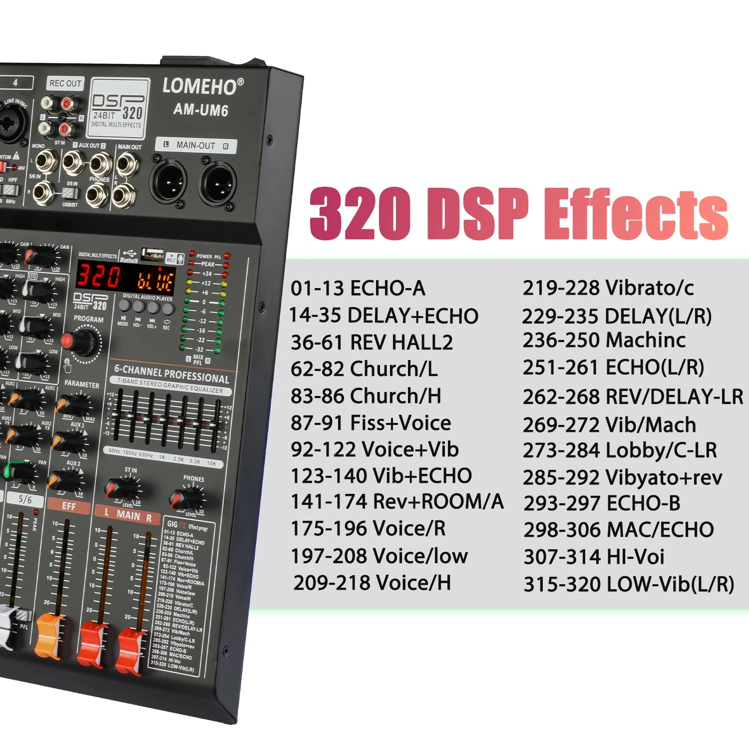 Lomeho 6 Channels Audio Mixer Bluetooth 320 DSP Effects Separately 48V USB Mixing Console Small Show Party Sound Table AM-UM6