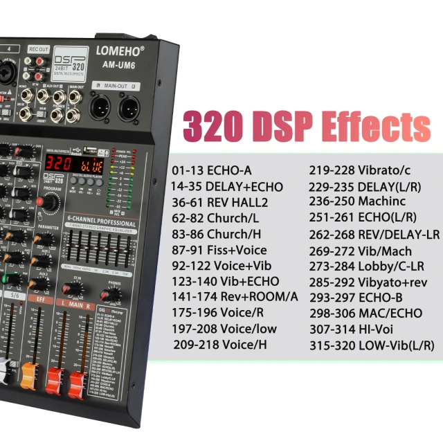 Lomeho 6 Channels Audio Mixer Bluetooth 320 DSP Effects Separately 48V USB Mixing Console Small Show Party Sound Table AM-UM6