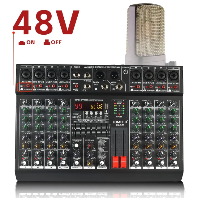 LOMEHO 8 Channels Mixing Console 99 DSP Effects 7 Band EQ 2 AUX Output 48V Audio Sound Mixer USB Bluetooth Dj Mix Table AM-GT8