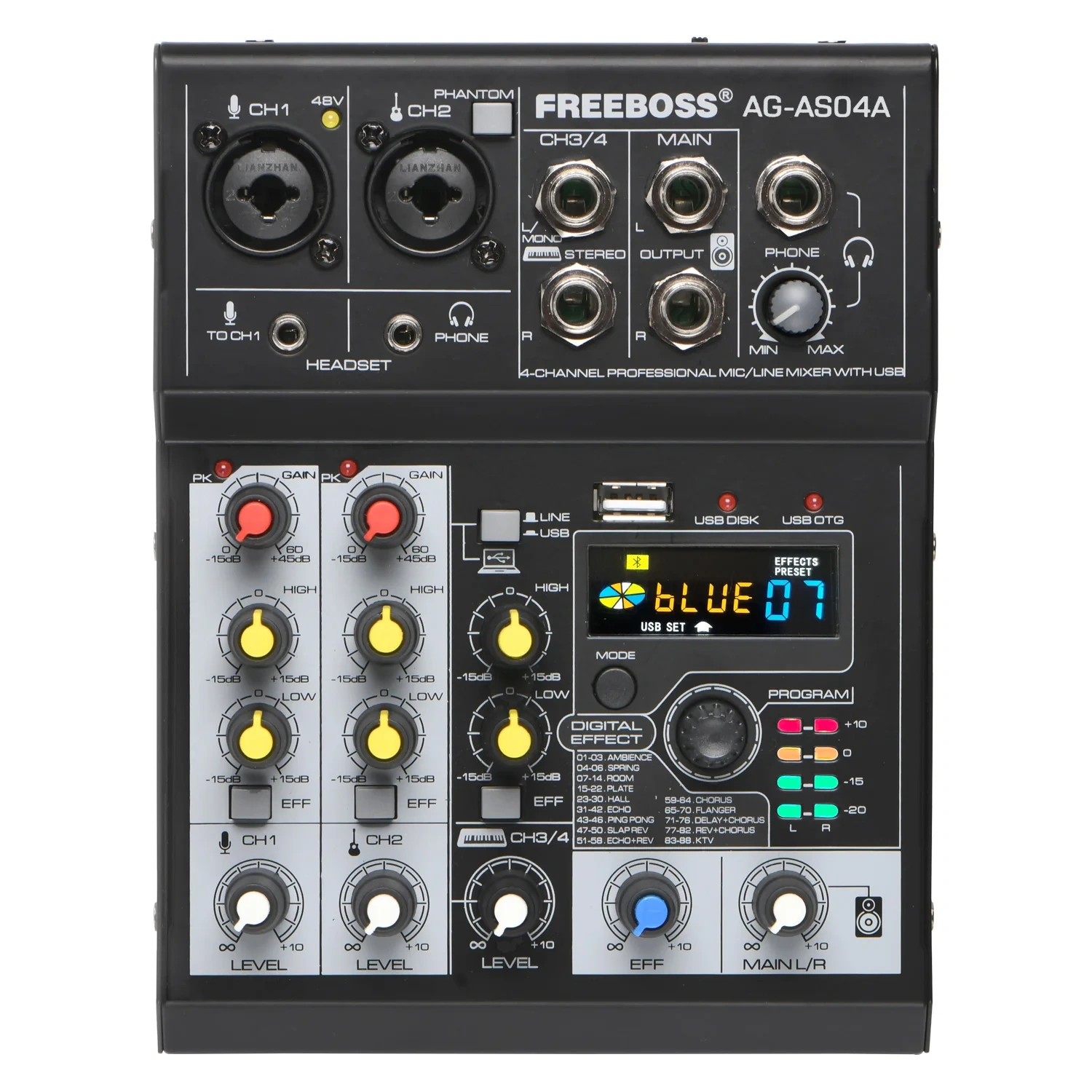 Freeboss Audio Mixer 4 Channels Bluetooth 88 DSP Effects Dj Mixing Console USB Record Portable Sound Table for Karaoke AG-AS04A
