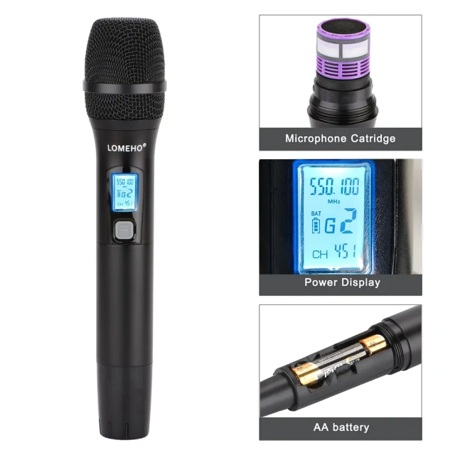 LOMEHO Metal Handheld Wireless Microphone 2 Way 2X380 Multi Frequency DC 5V Anti-feedback Mute DJ Party Karaoke Church LO-U11