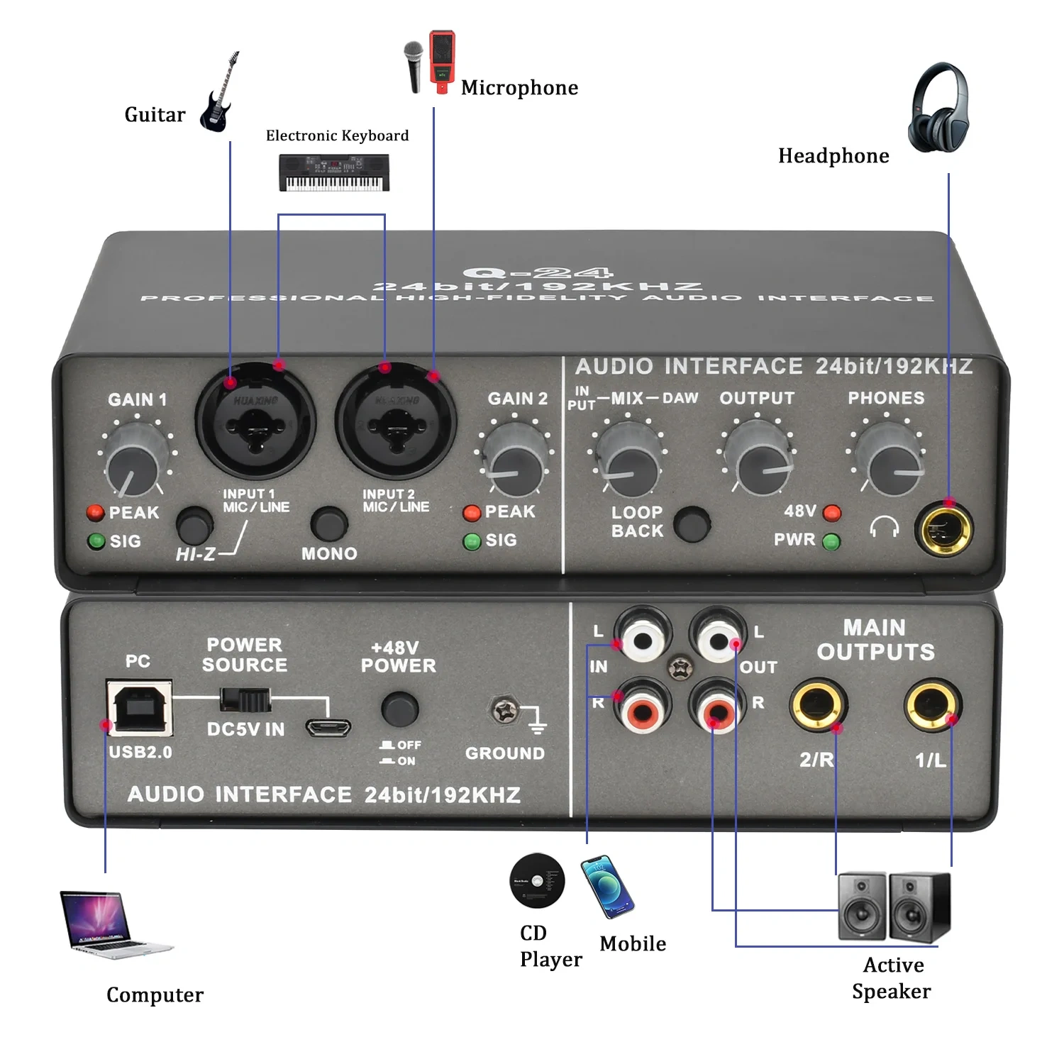 Teyun Q24 24Bit 192KHz Soundcard Loopback Audio Interface Stereo Direct Monitor External Usb Sound Card for Guitar Studio Record