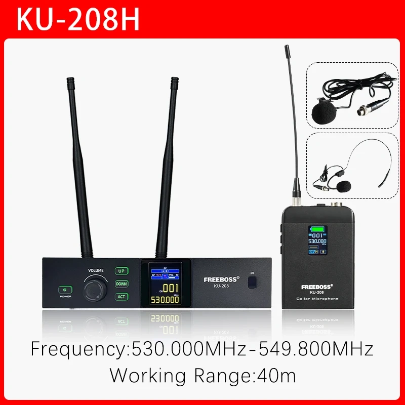 Professional UHF 100 Channels Wireless Microphone System Freeboss 40M Handheld Metal Dynamic Transmitter for Stage Show KU-208
