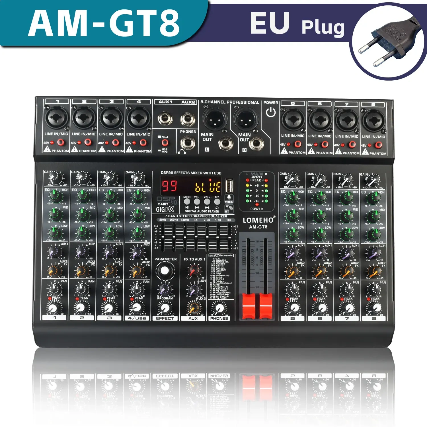 LOMEHO 8 Channels Mixing Console 99 DSP Effects 7 Band EQ 2 AUX Output 48V Audio Sound Mixer USB Bluetooth Dj Mix Table AM-GT8