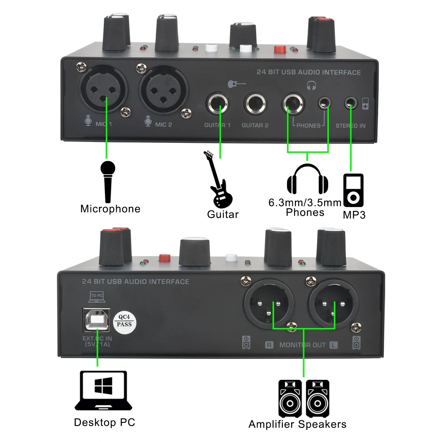 Freeboss Electric Guitar Sound Card 24bit ASIO4ALL 5 Channel Loopback Audio Interface 3.5mm Phone Input Stereo PC Record UC86