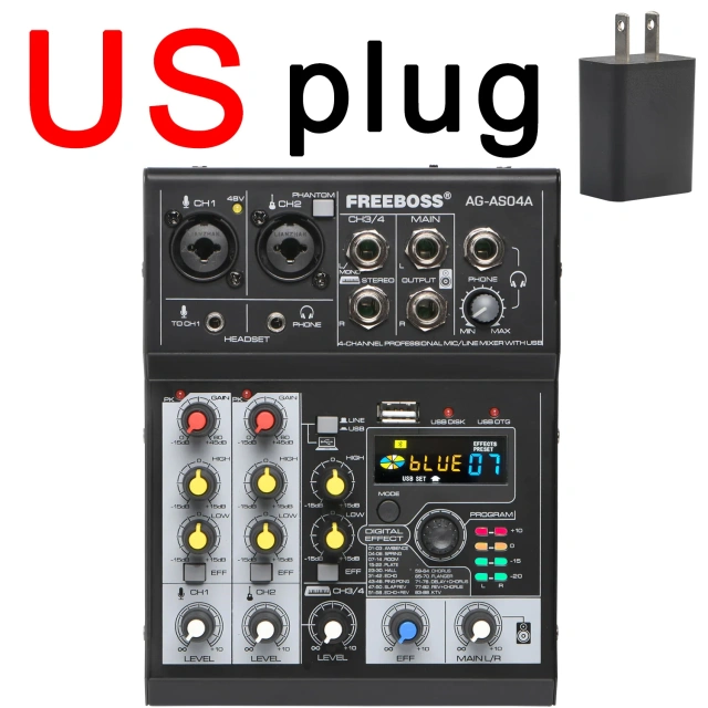 Freeboss Audio Mixer 4 Channels Bluetooth 88 DSP Effects Dj Mixing Console USB Record Portable Sound Table for Karaoke AG-AS04A