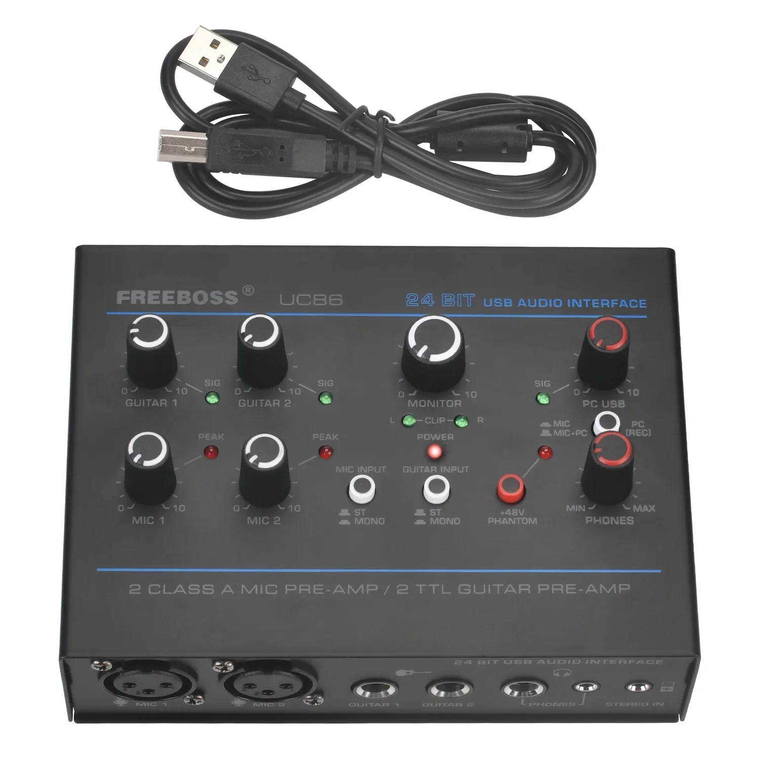 Freeboss Electric Guitar Sound Card 24bit ASIO4ALL 5 Channel Loopback Audio Interface 3.5mm Phone Input Stereo PC Record UC86