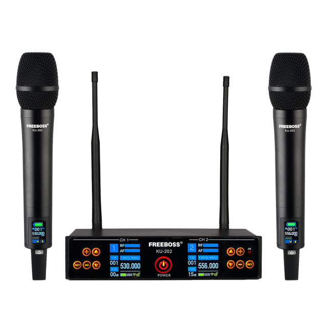 Freeboss Rechargeable Wireless Microphone 2 Way UHF Frequency EQ Professional Dual Dynamic Mic for Karaoke Performance KU-202