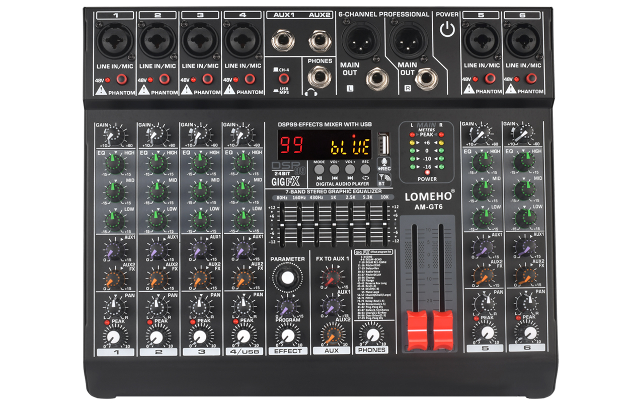 Lomeho 6 Channel Mixing Console Mono 99 Digital Effect USB Sound Card dj Mixer Bluetooth 48V 2 AUX Dj Karaoke Audio Table AM-GT6