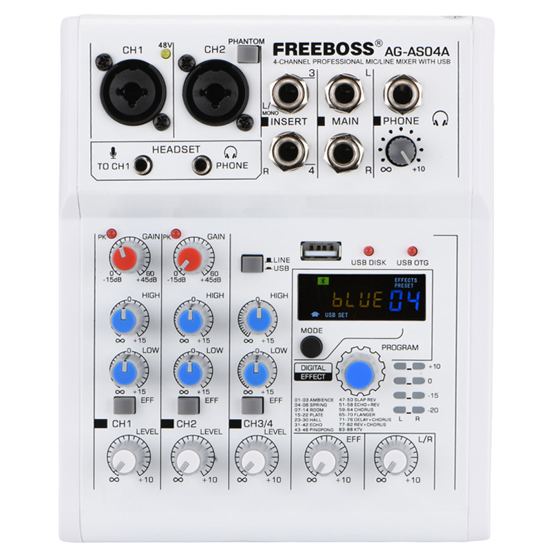 Freeboss Mixing Console Mobile Broadcast 4 Channel Bluetooth PC USB 88 DSP Digital Effect White Sound Audio Mixer AG-AS04A