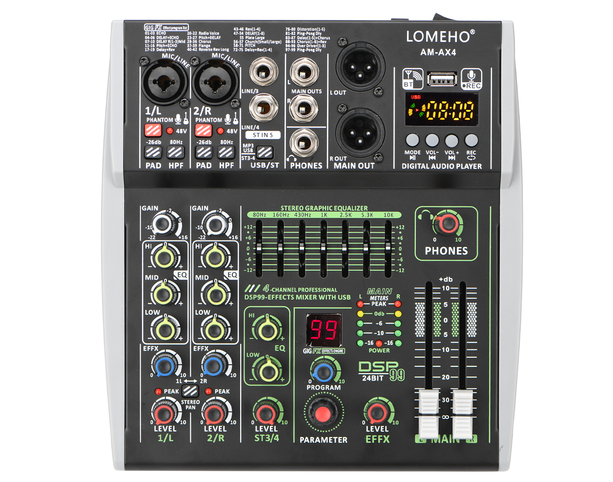 4/6 Channel Mixing Console 48V 99 DSP Effect Bluetooth Lomeho Audio DJ Mixer USB PC Play Record Podcast Sound Table AM-AX4