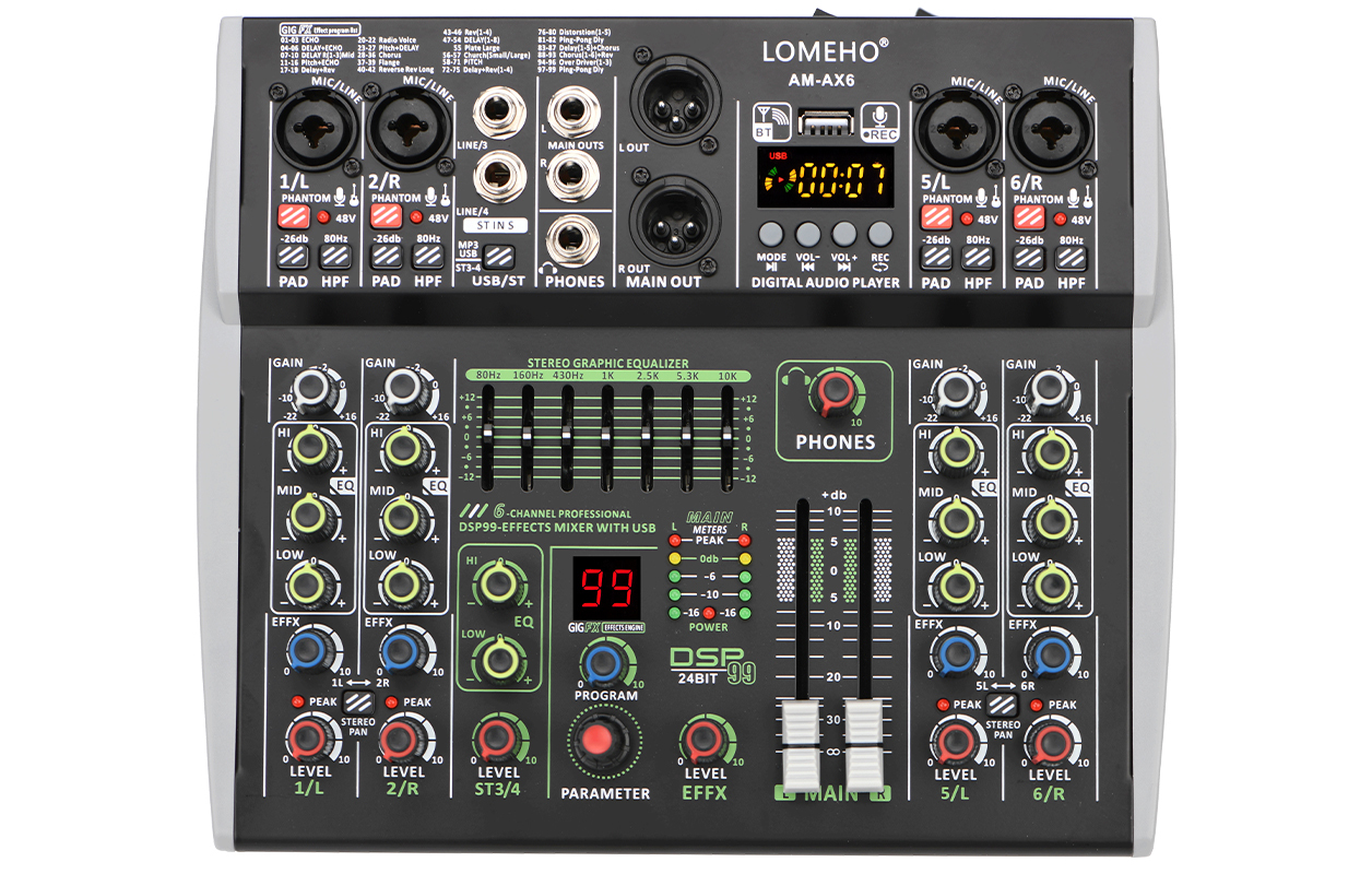 Lomeho 6 Channel Mixing Console Bluetooth 7 Band EQ Audio Sound Mixer 48V 99 DSP Effects Professional USB PC Karaoke AM-AX6