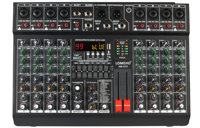 LOMEHO 8 Channels Mixing Console 99 DSP Effects 7 Band EQ 2 AUX Output 48V Audio Sound Mixer USB Bluetooth Dj Mix Table AM-GT8
