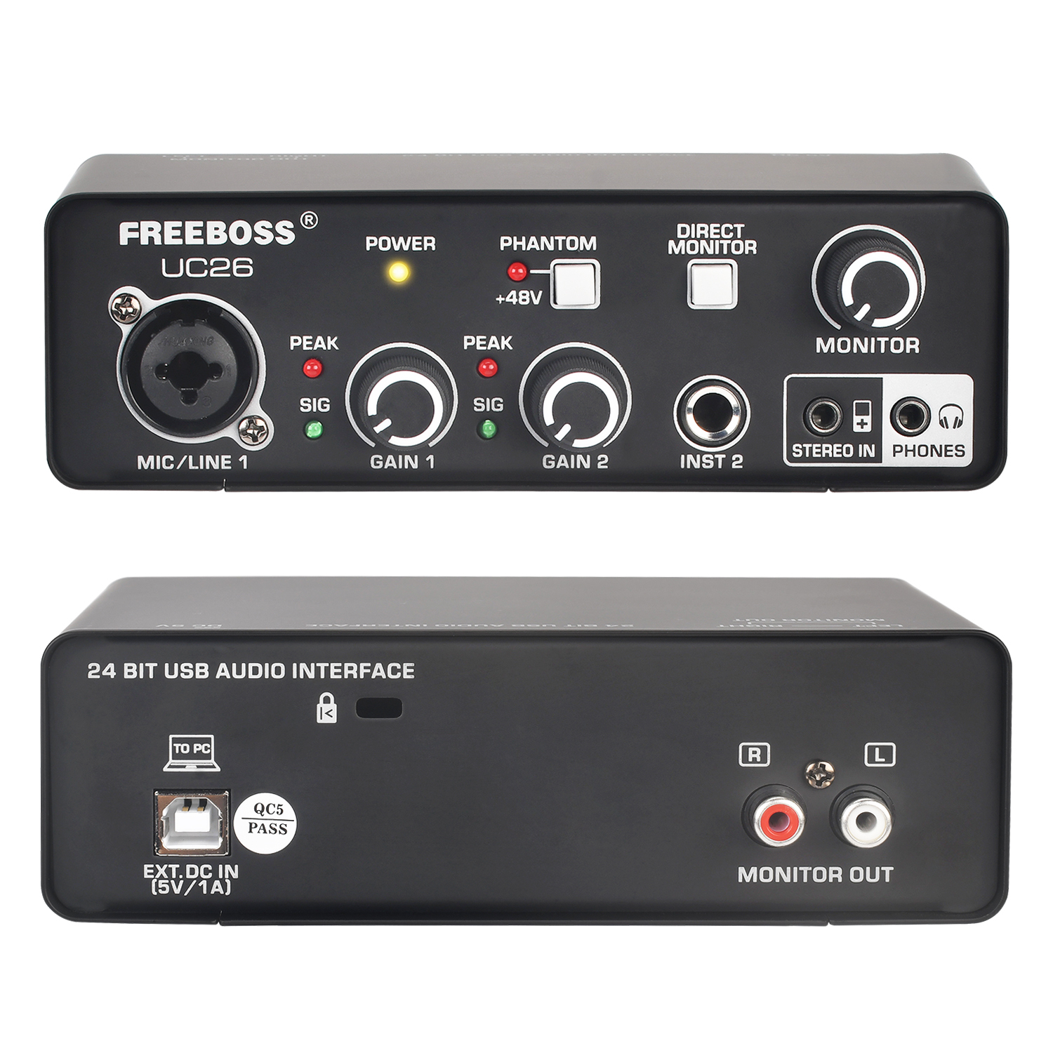 Freeboss External Usb Sound Card 24Bit 48KHz ASIO4ALL Computer Recording Studio Guitar 48V XLR Audio Interface Mini UC26