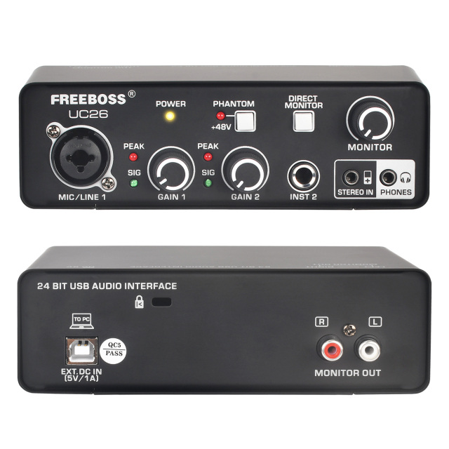Freeboss External Usb Sound Card 24Bit 48KHz ASIO4ALL Computer Recording Studio Guitar 48V XLR Audio Interface Mini UC26