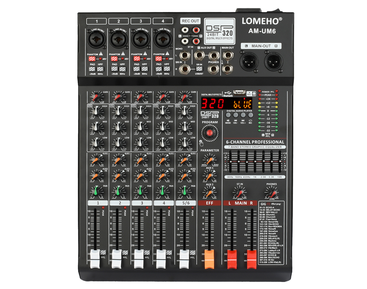 Lomeho 6 Channels Audio Mixer Bluetooth 320 DSP Effects Separately 48V USB Mixing Console Small Show Party Sound Table AM-UM6