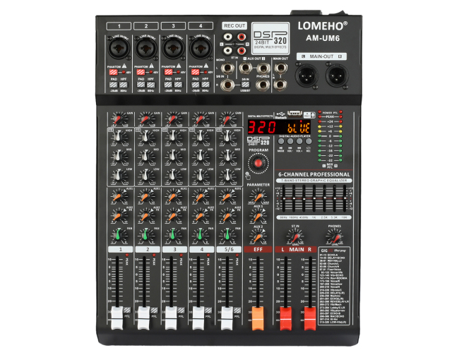 Lomeho 6 Channels Audio Mixer Bluetooth 320 DSP Effects Separately 48V USB Mixing Console Small Show Party Sound Table AM-UM6