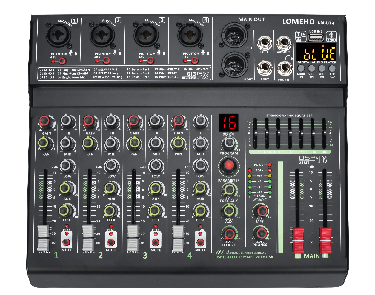 LOMEHO 4 Channel Mono Audio Mixers 7 Band EQ 16 DSP Effect Bluetooth Mixing Console 48V USB Record Sound Table Karaoke AM-UT4