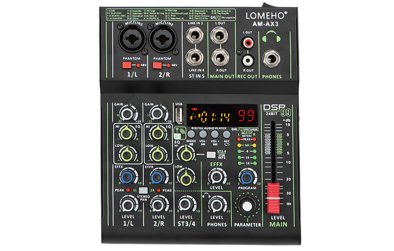 LOMEHO 4 Channel Audio Mixer Mini Portable Sound Mixing Console Bluetooth USB Play Record 99 DSP Effect 48V Dj Controller AM-AX3