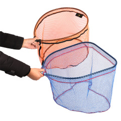 Overall rubber-coated landing net head, orange and blue.