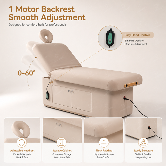 1 Motor Electric Beauty Bed with Heating and Large Storage Cabinet for Salon Use DN0015_1 Motor Beds
