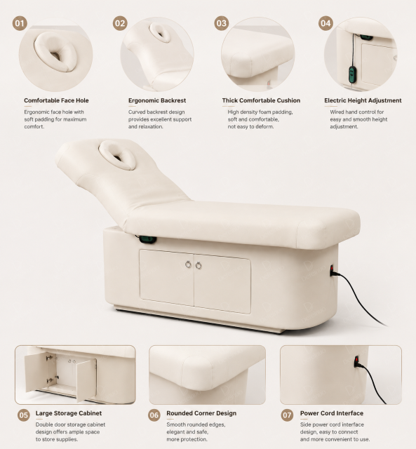 1 Motor Electric Beauty Bed with Adjustable Backrest and Storage for Salon Use DN0021_1 Motor Beds
