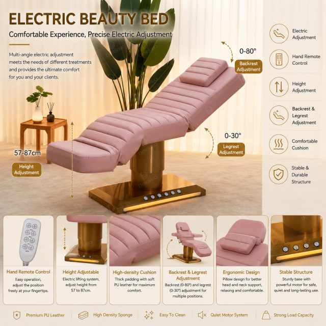 Pink 3 Motor Electric Massage Bed with Foot Control and Adjustable Backrest DN0031_Electric Beauty Chairs