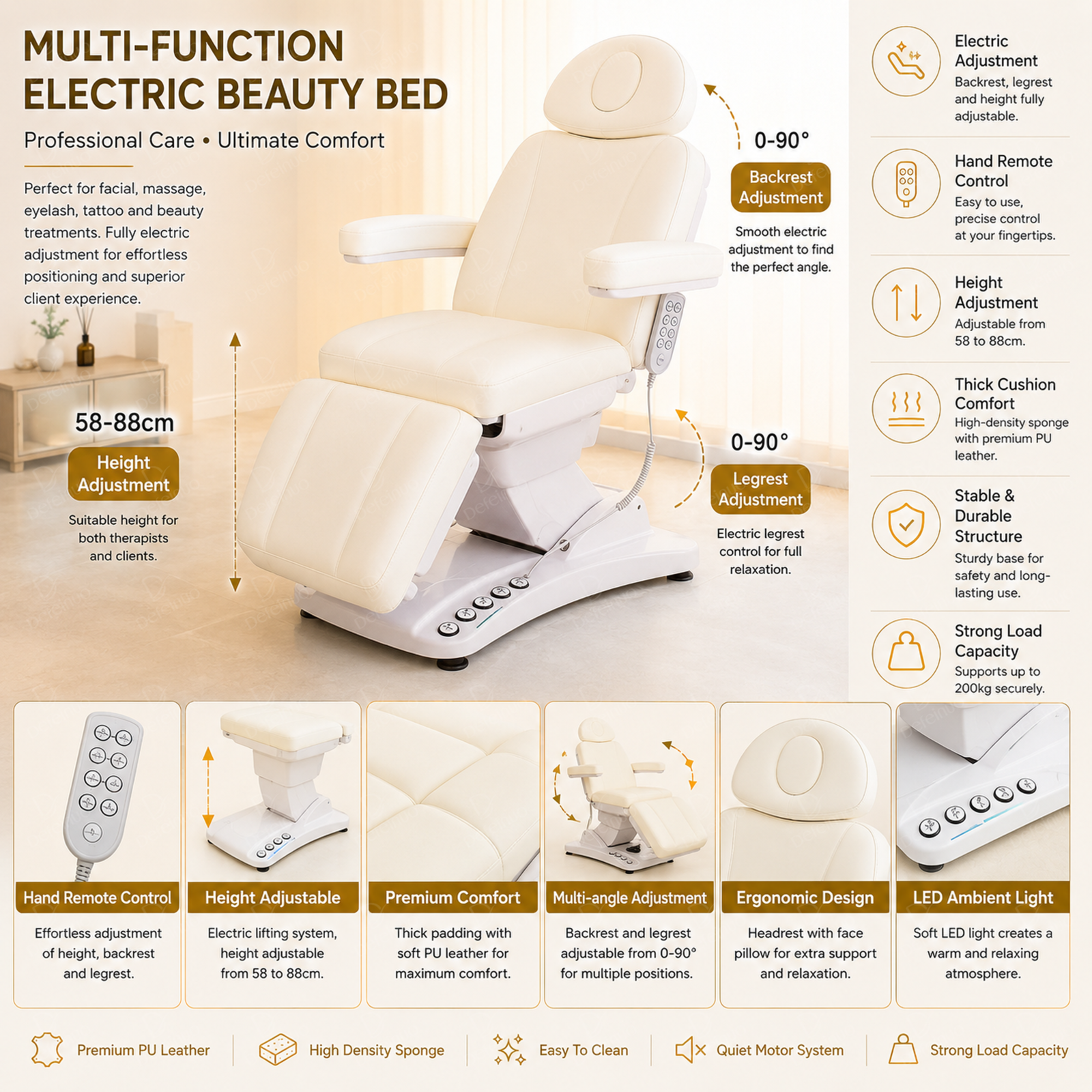3 Motor Electric Beauty Chair with LED Light and Adjustable Height DN0035_Electric Beauty Chairs
