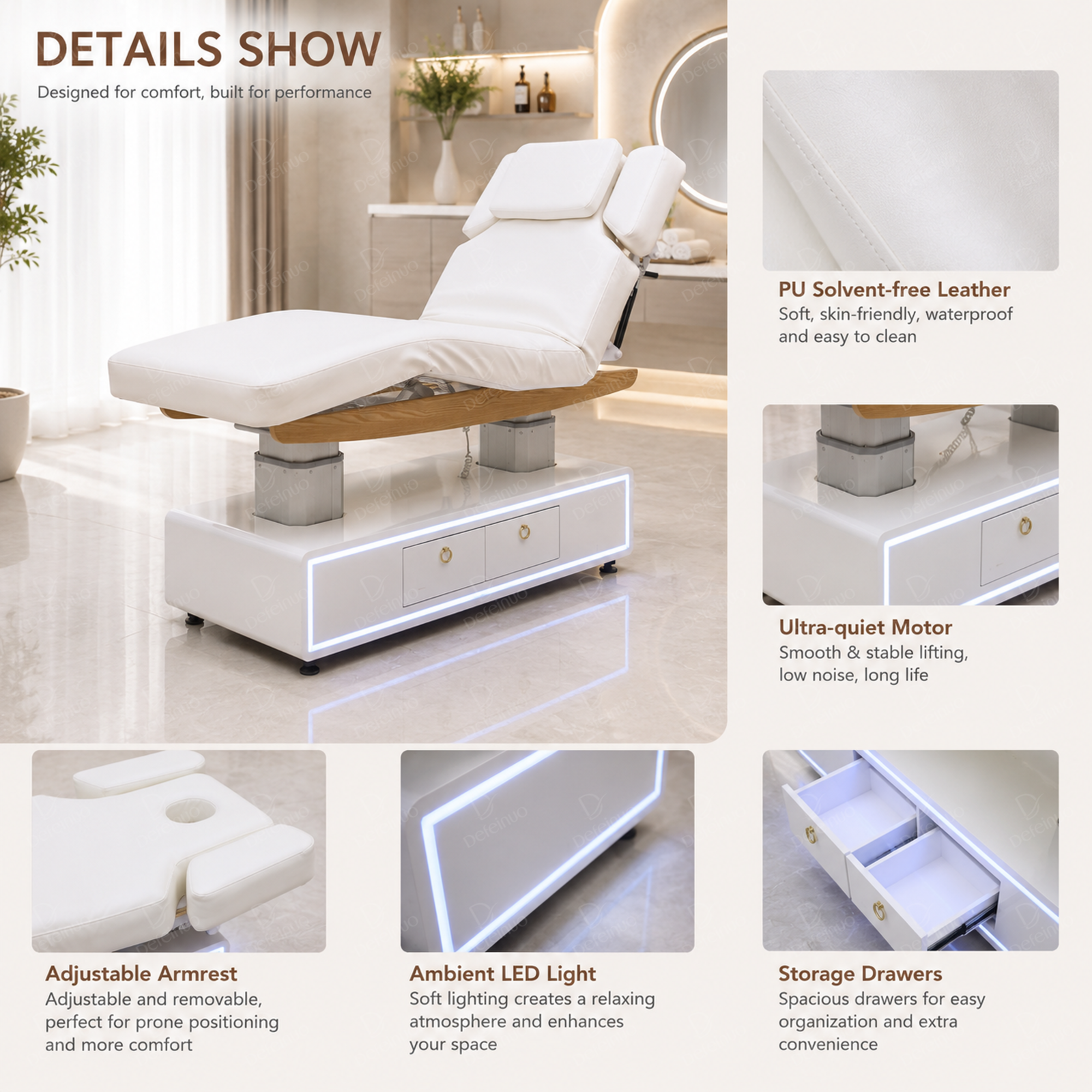 4 Motor Electric Beauty Bed with LED Lights and Storage for Spa Use DN0239_4 Motor Beds