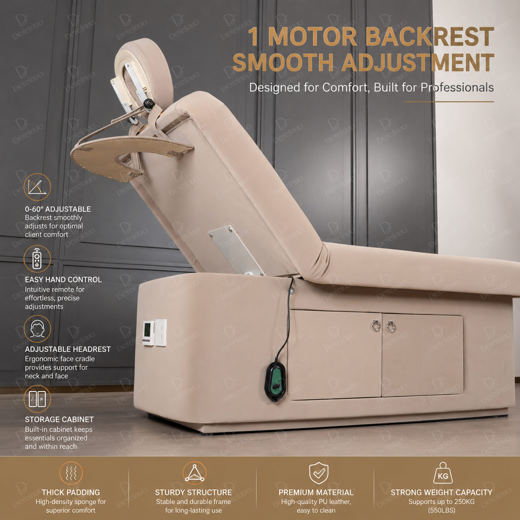 1 Motor Electric Beauty Bed with Heating and Large Storage Cabinet for Salon Use DN0015_1 Motor Beds