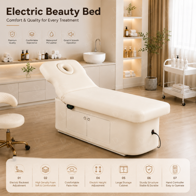 1 Motor Electric Beauty Bed with Adjustable Backrest and Storage for Salon Use DN0021_1 Motor Beds