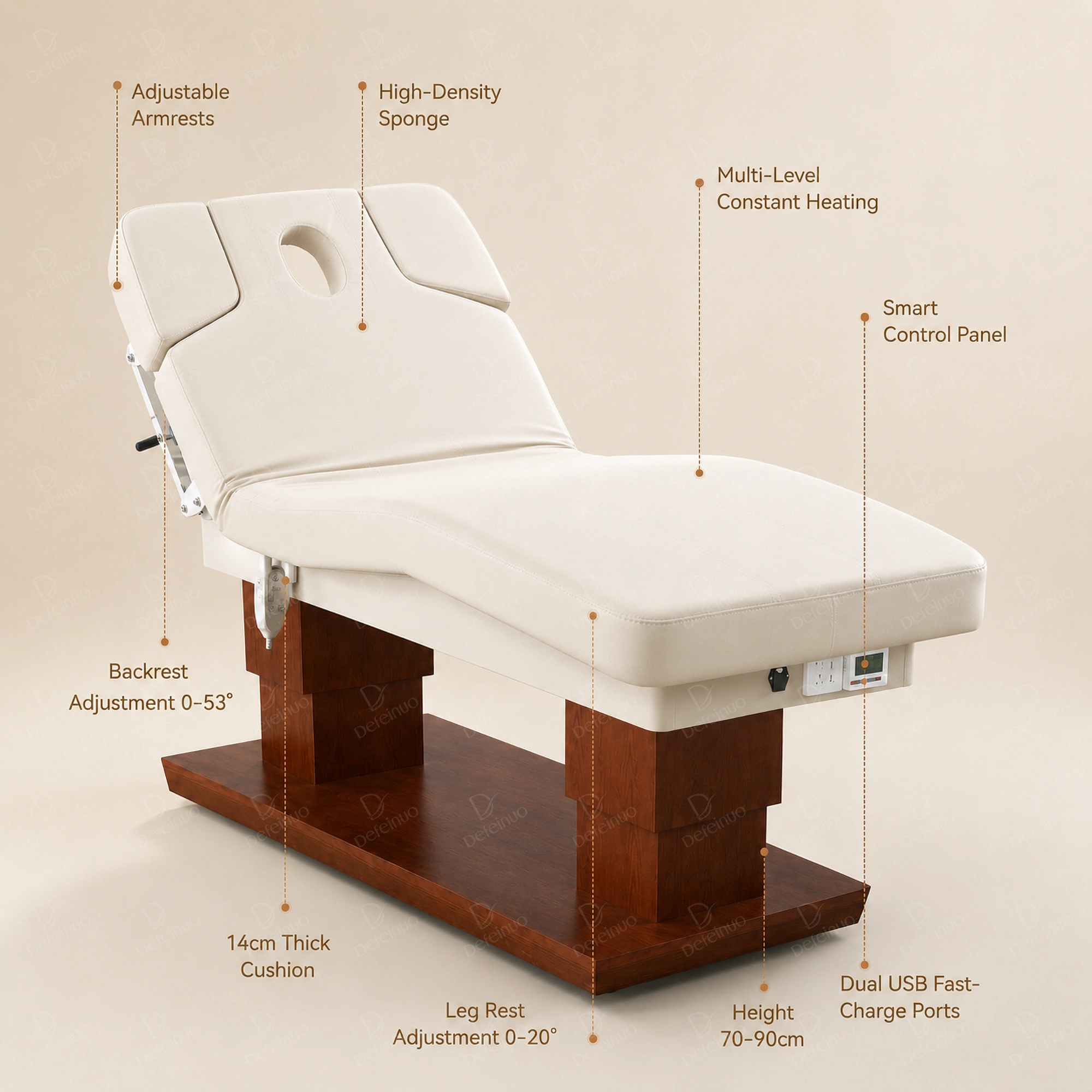 Side view of the DN0012 electric beauty bed showing its wooden frame and adjustable sections