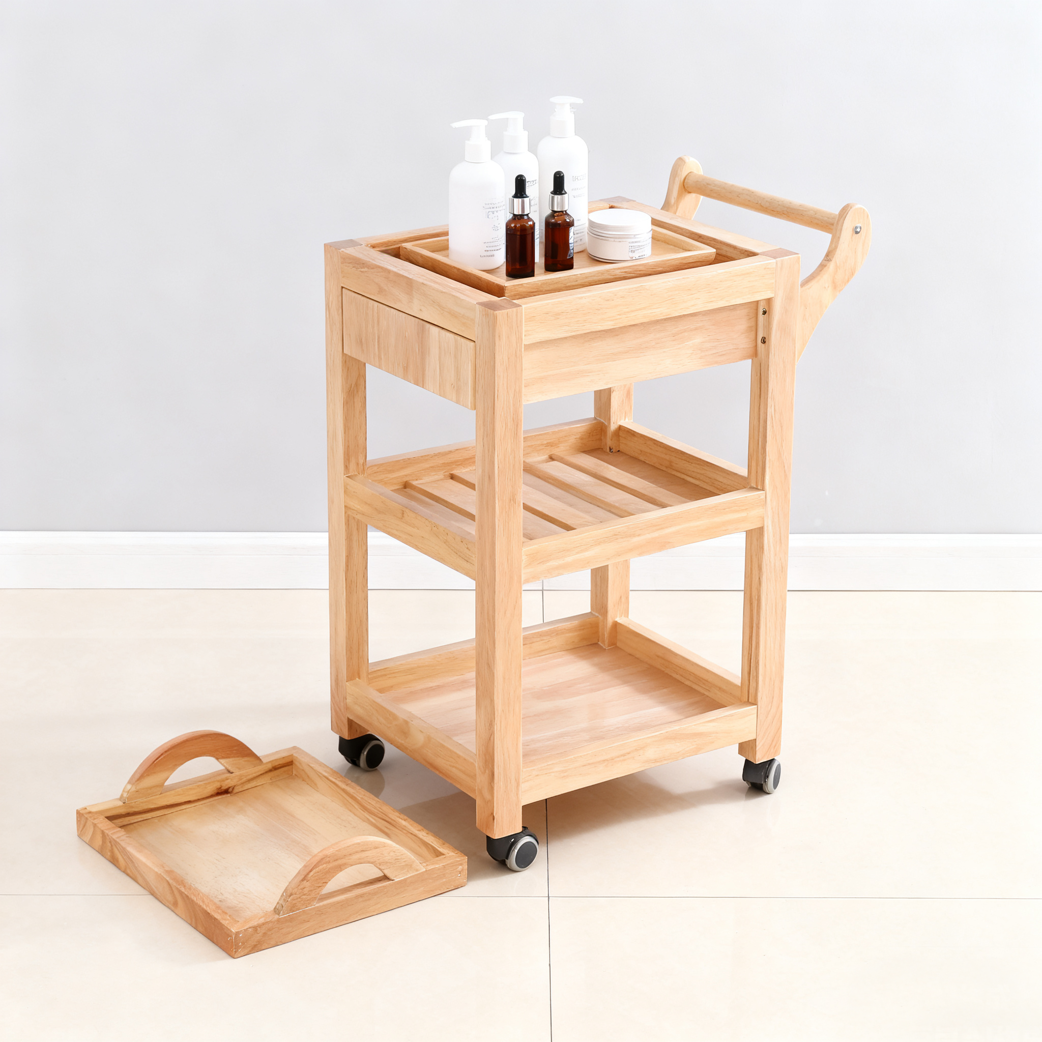 Solid Wood Salon Trolley Cart with Wheels for Beauty Salon Use DN0168_Salon Trolleys