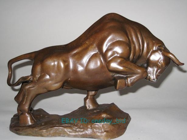 Medium size  Bronze coffee Wall Street Fierce Bull OX  Figure Statue 9"Long