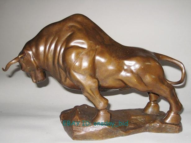 Medium size  Bronze coffee Wall Street Fierce Bull OX  Figure Statue 9"Long