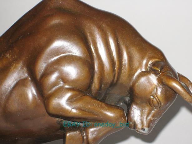 Medium size  Bronze coffee Wall Street Fierce Bull OX  Figure Statue 9"Long