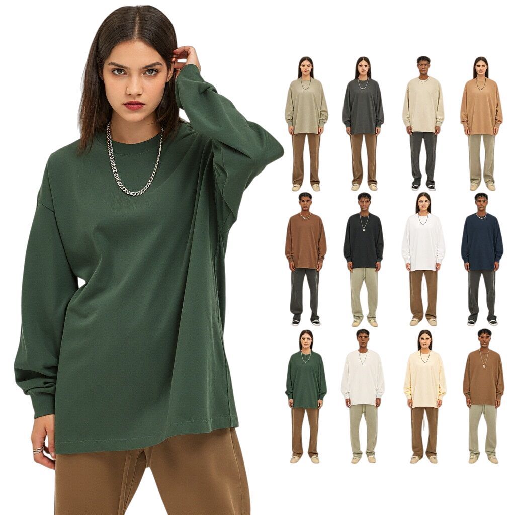 FLEXI APPAREL 305G heavyweight cotton long sleeve t-shirts in earth tones featuring an oversized boxy fit