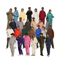 FLEXI APPAREL 350G heavyweight fleece hoodies in a diverse multicolor grid, featuring an oversized boxy fit with matching sweatpants for streetwear brands.