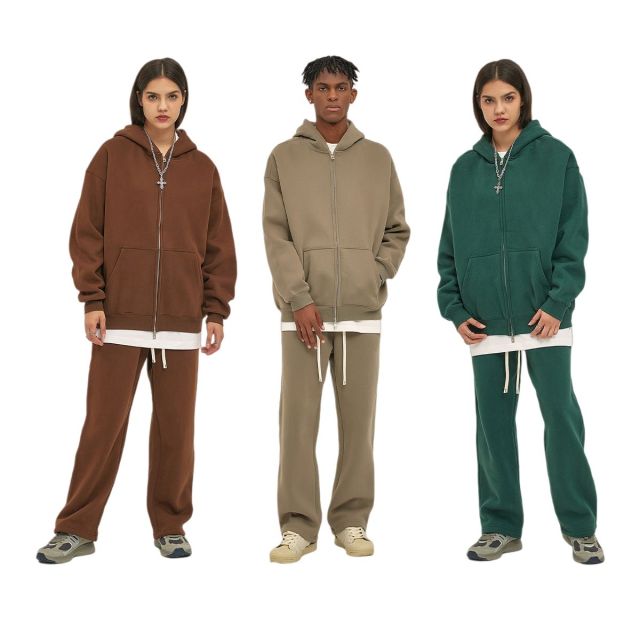350G heavyweight fleece hoodies featuring a premium two-way metallic zipper and modern oversized drop shoulder fit on models.