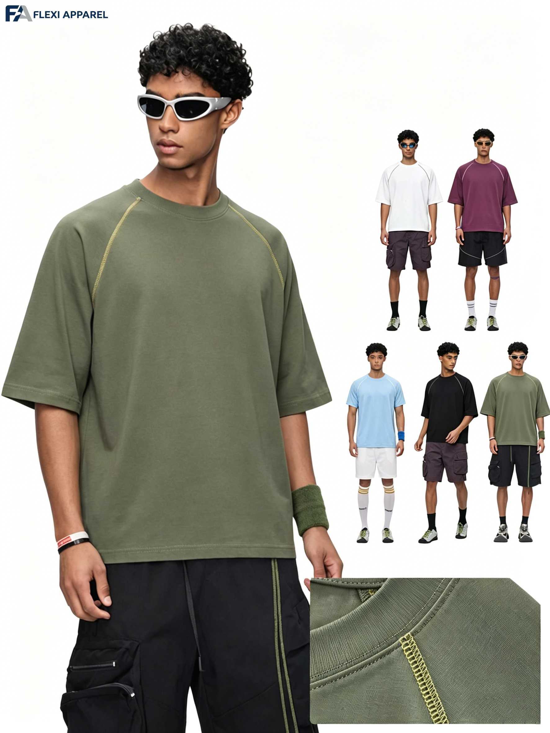 FLEXI APPAREL 210GSM Sorona cooling outdoor T-shirts featuring contrast flatlock stitching and raglan sleeves, displayed in olive, white, black, blue, and plum with macro collar details.