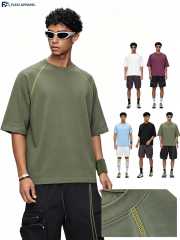 FLEXI APPAREL 210GSM Sorona cooling outdoor T-shirts featuring contrast flatlock stitching and raglan sleeves, displayed in olive, white, black, blue, and plum with macro collar details.