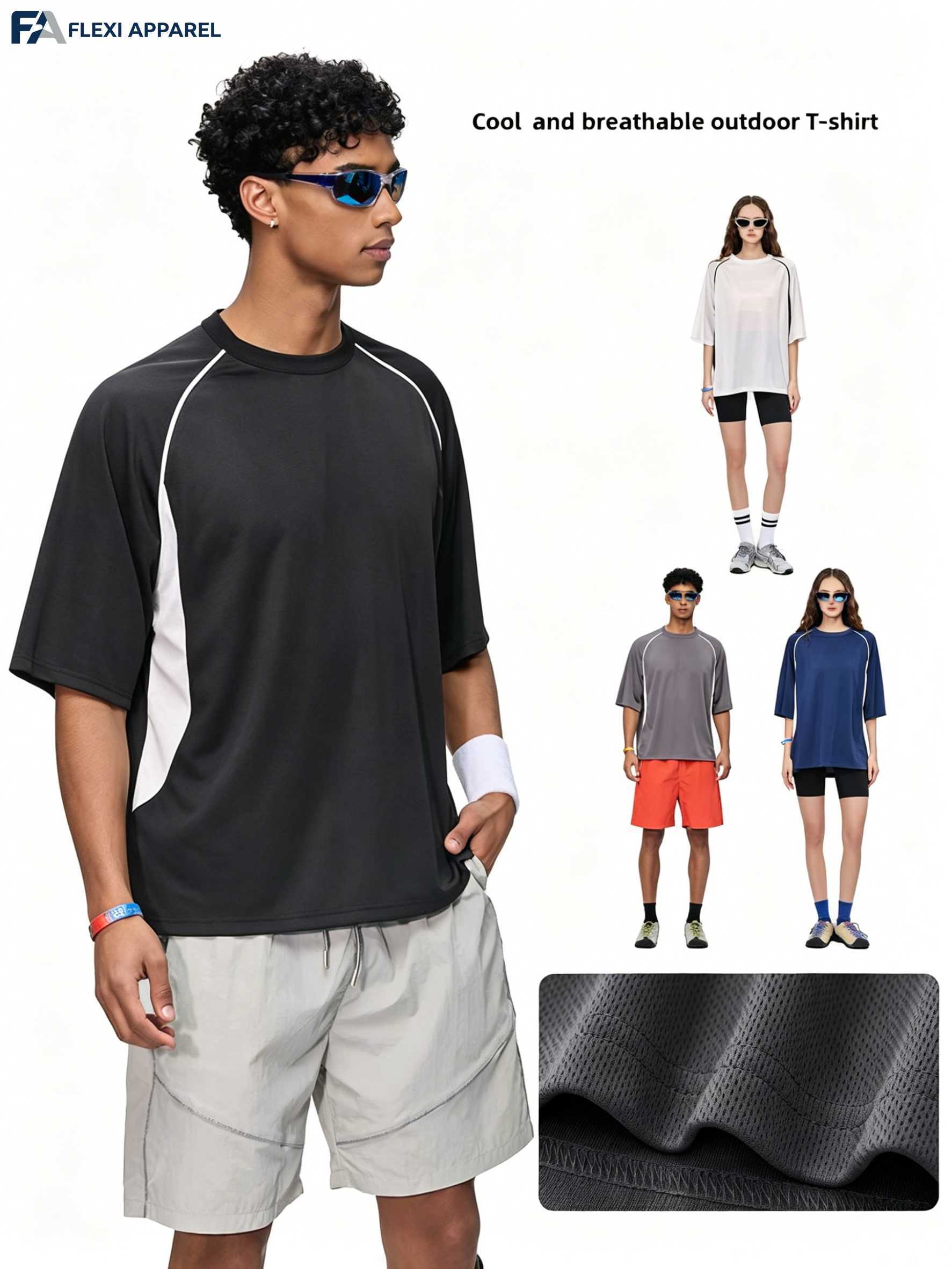 150GSM technical mesh running T-shirts showing a micro-ventilation fabric close-up, modeled in black, white, grey, and navy with contrast paneling.