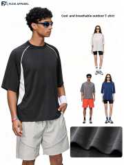 150GSM technical mesh running T-shirts showing a micro-ventilation fabric close-up, modeled in black, white, grey, and navy with contrast paneling.