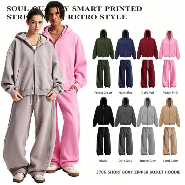 FLEXI APPAREL 370GSM heavyweight boxy cropped zip-up hoodie and matching sweatpants set with premium vintage acid wash faded textures