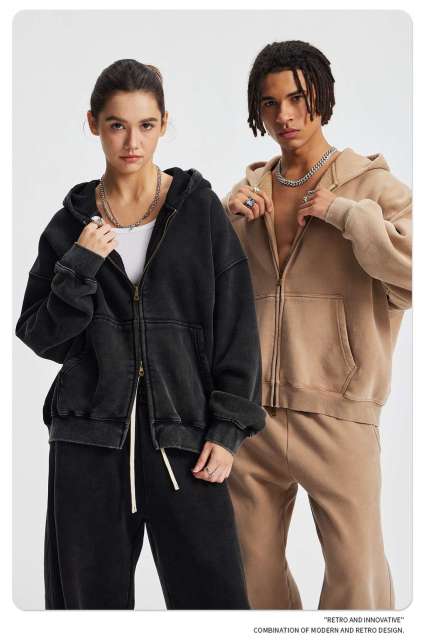 FLEXI APPAREL 370GSM heavyweight boxy cropped zip-up hoodie and matching sweatpants set with premium vintage acid wash faded textures