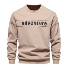 loose-fit men's streetwear crewneck sweater featuring a deconstructed raw-edge horizontal chest panel and distressed adventure print