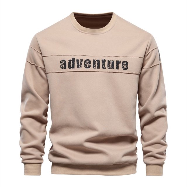 loose-fit men's streetwear crewneck sweater featuring a deconstructed raw-edge horizontal chest panel and distressed adventure print