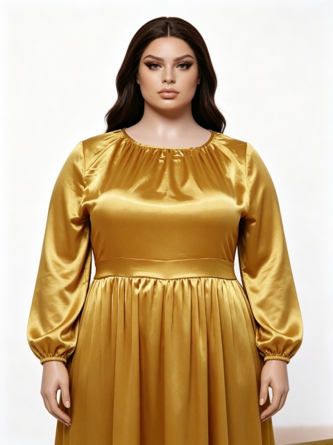 Plus size Round neck pleated long sleeved dress
