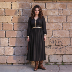 Plus size women's light mature style dress, spring and autumn new style sequined gold-plated dress
